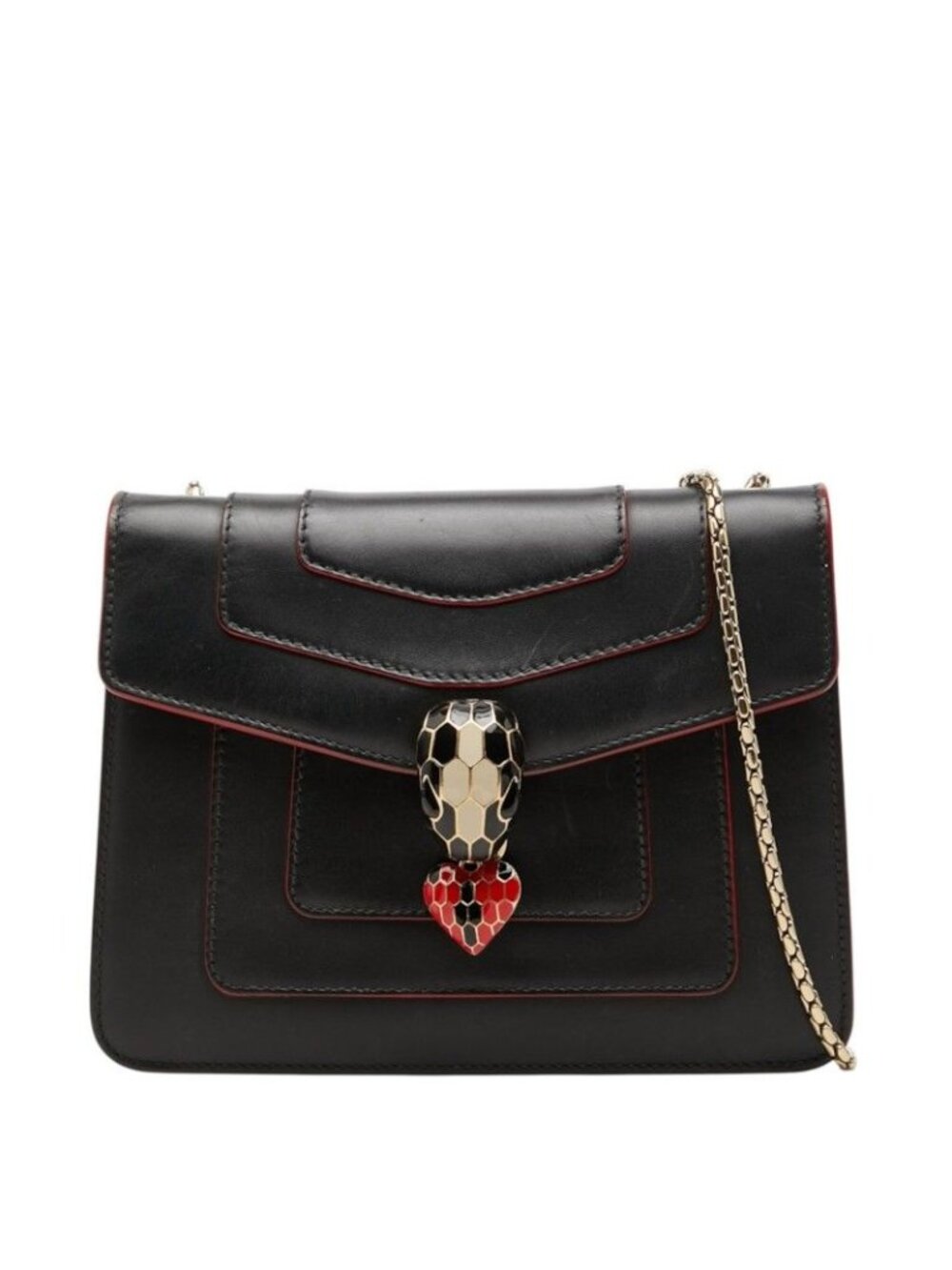 Bvlgari Serpenti Forever Heart Charm Chain Shoulder Bag Black Red Leather